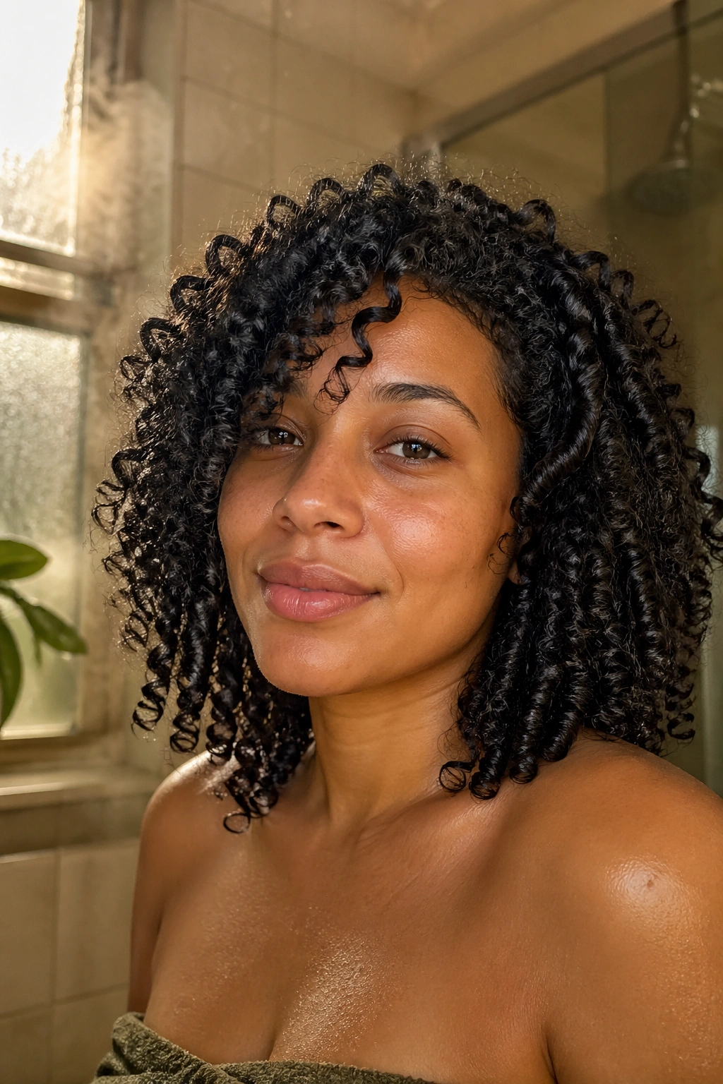 Close-up of a real woman with moisturized curls after a wash-and-go, no gel, in a warm bathroom.