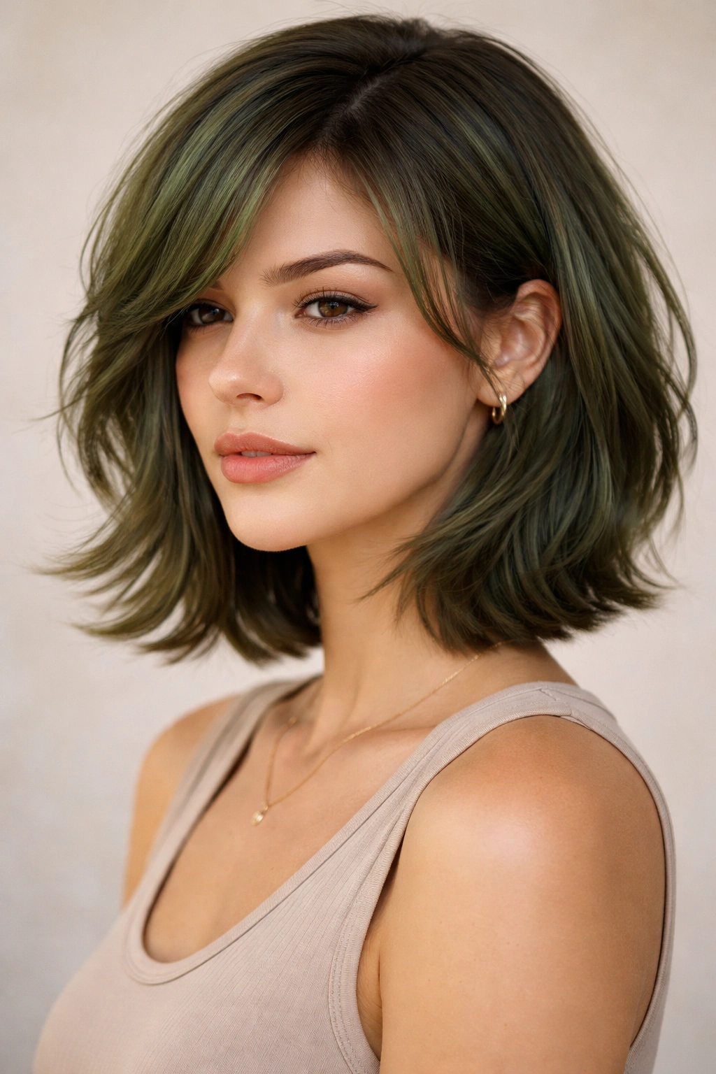 Moss green layered bob with soft crown layers and face-framing pieces