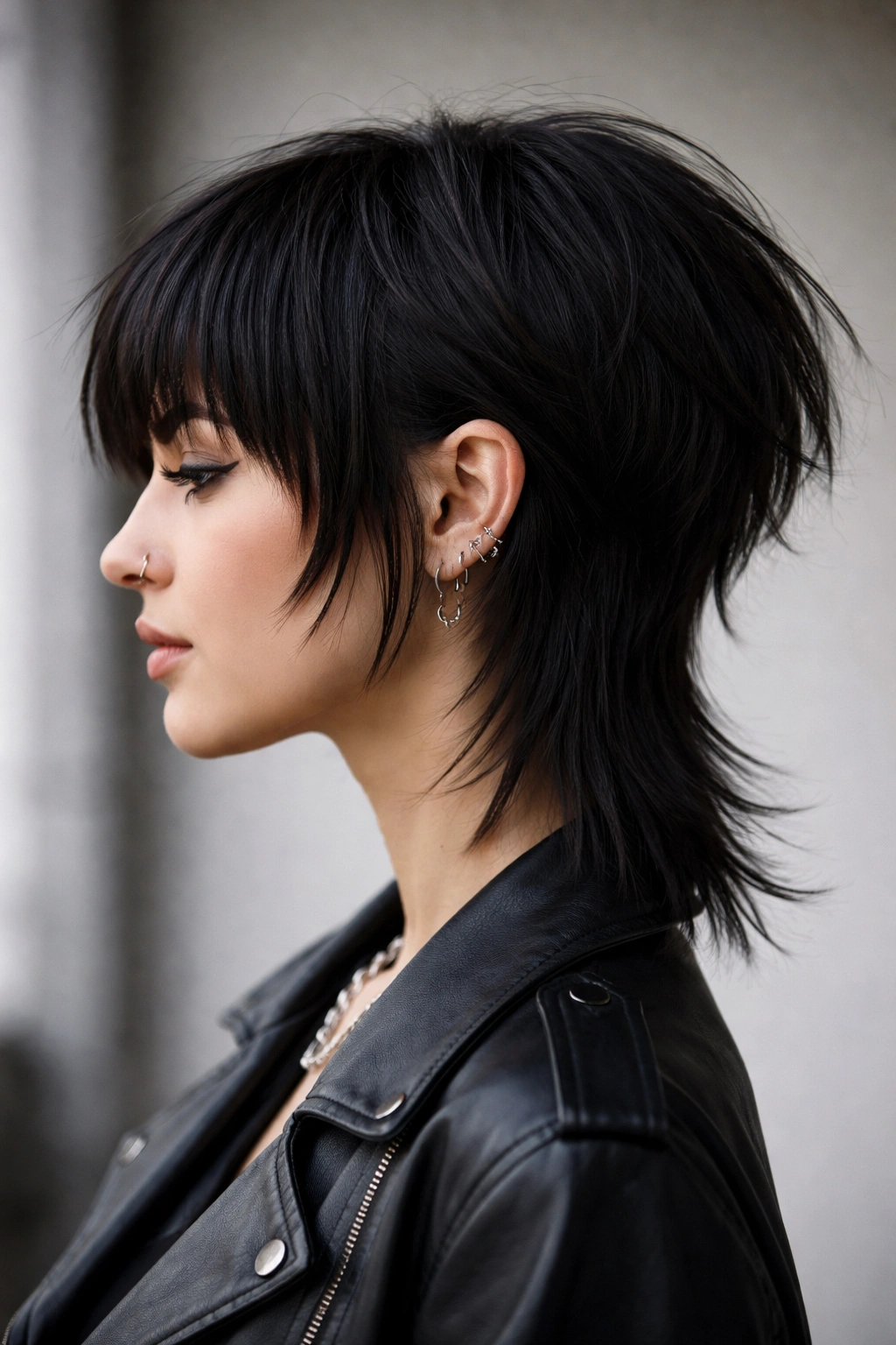 Profile view of mullet-bob hybrid with a fierce extended nape