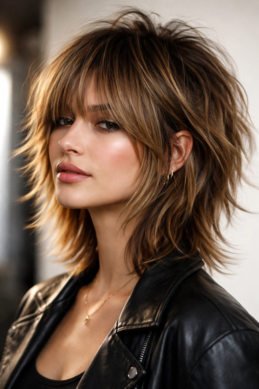 Front-right view of a mullet-inspired shaggy bob with crown volume