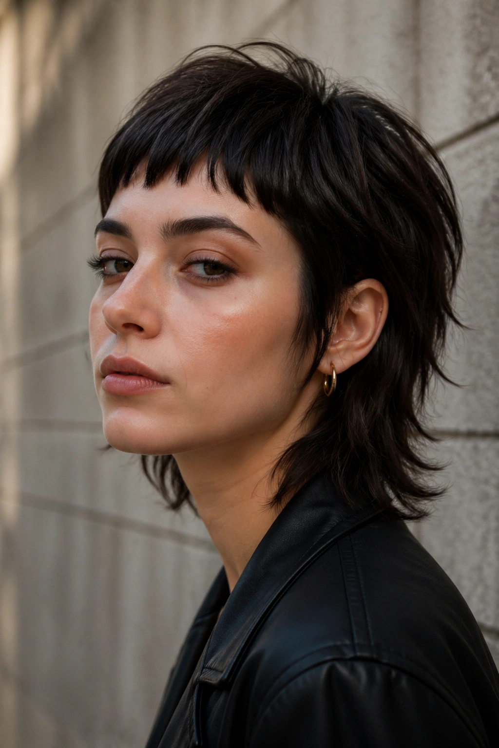 Portrait of a person with mullet-leaning wolf bob and cropped bangs against an urban wall