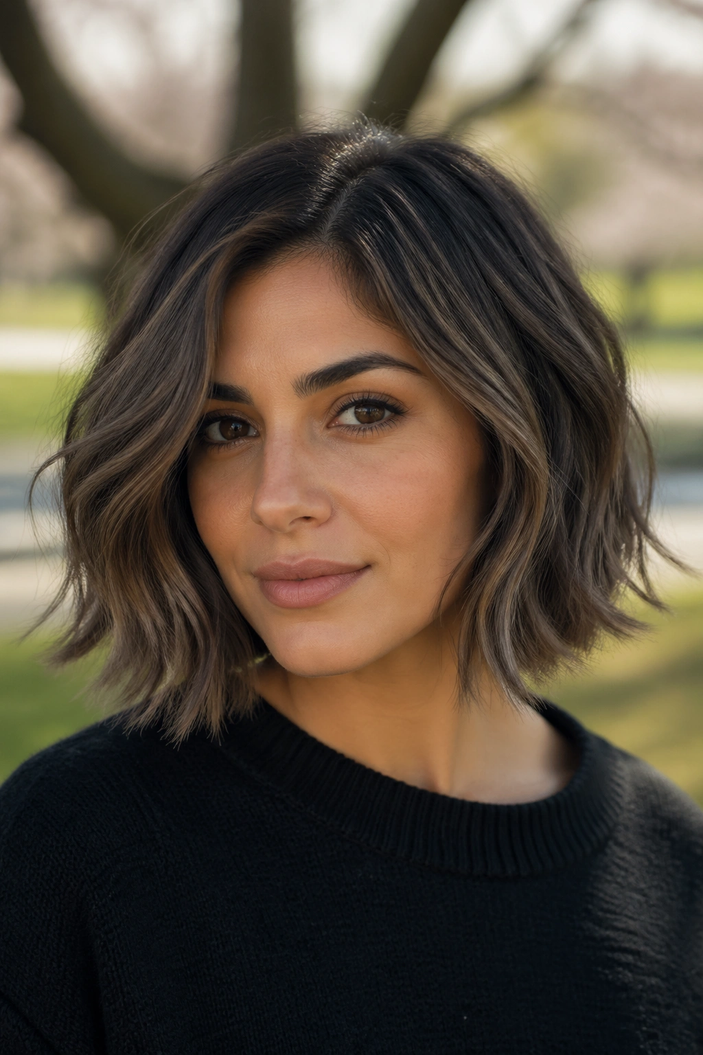 Close-up of a real woman with mushroom brown balayage bob in cool taupe tones.