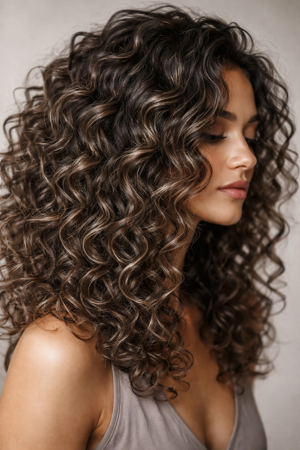 Close-up of curly hair in mushroom brown dimension with beige undertones
