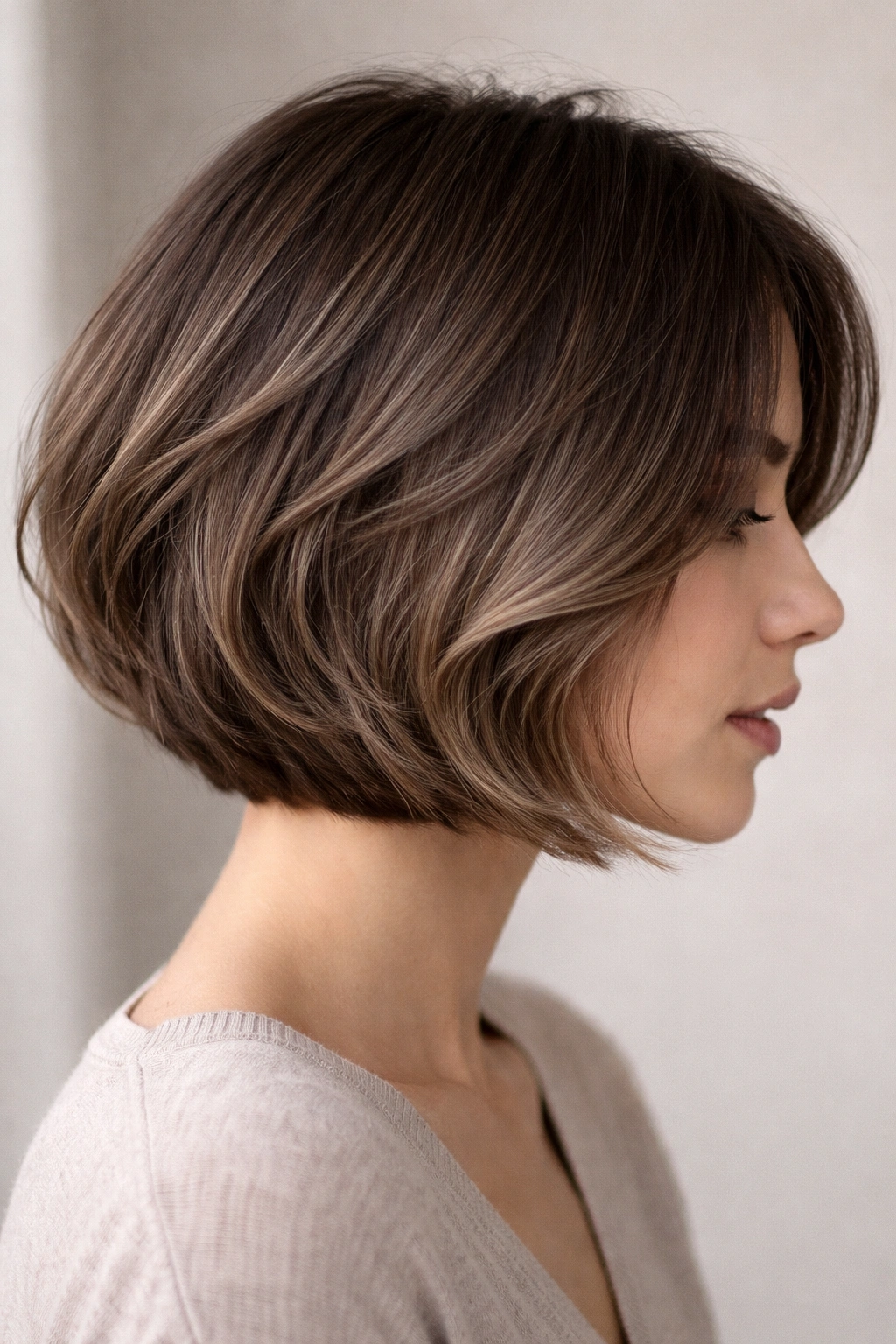 Layered French bob with mushroom brown ombre and soft dimension