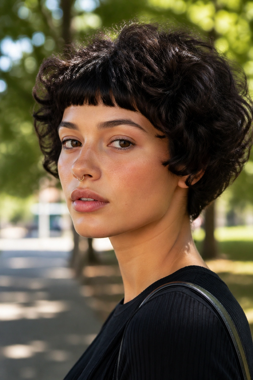 Real person with mushroom-inspired curly cut and baby bangs