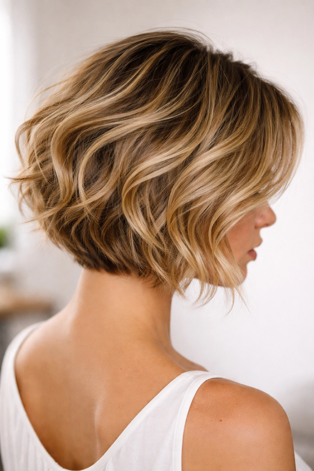 Nape-length stacked wavy bob with back lift and angled sides