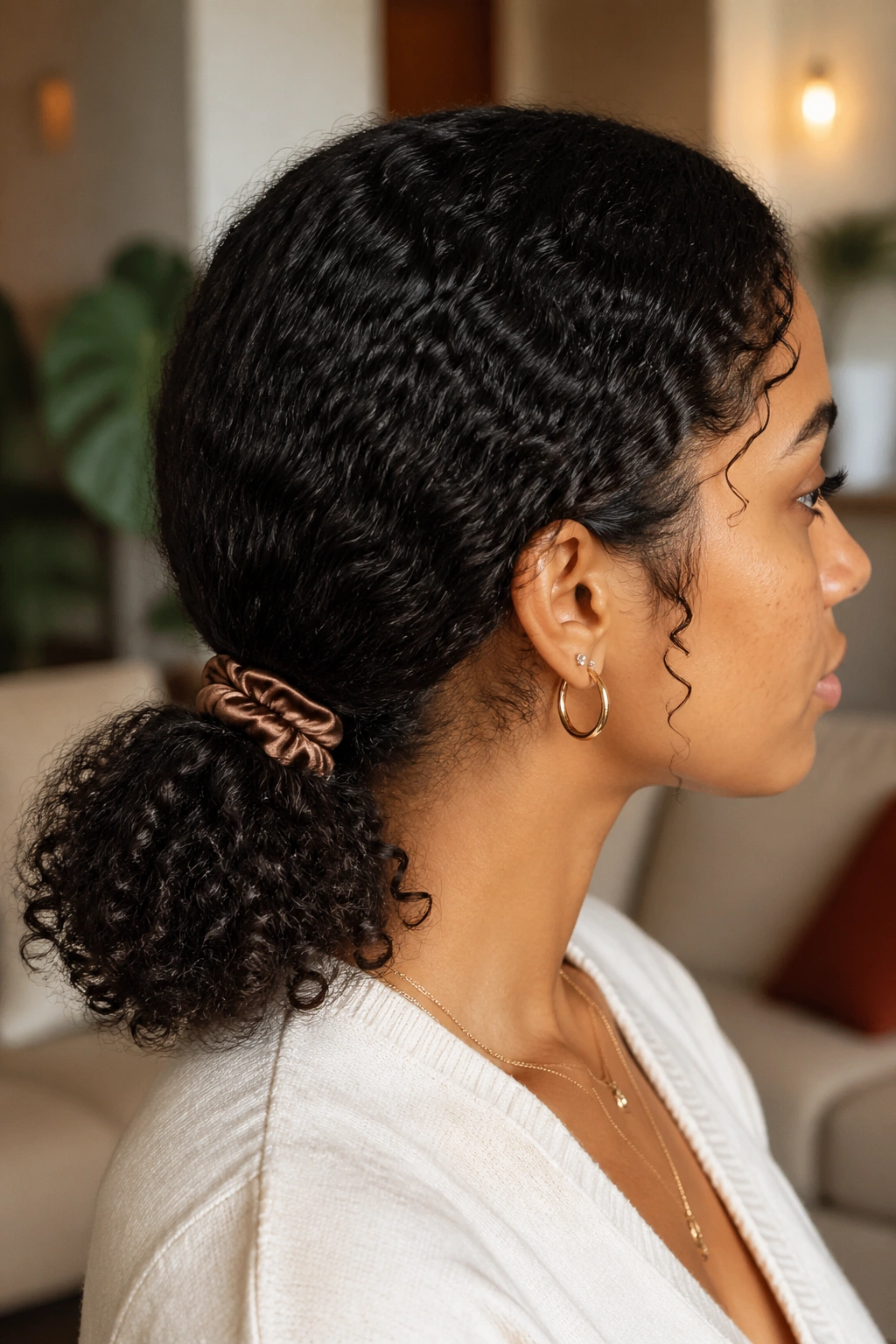 Back/three-quarter view of a real person with a low curly ponytail at the nape