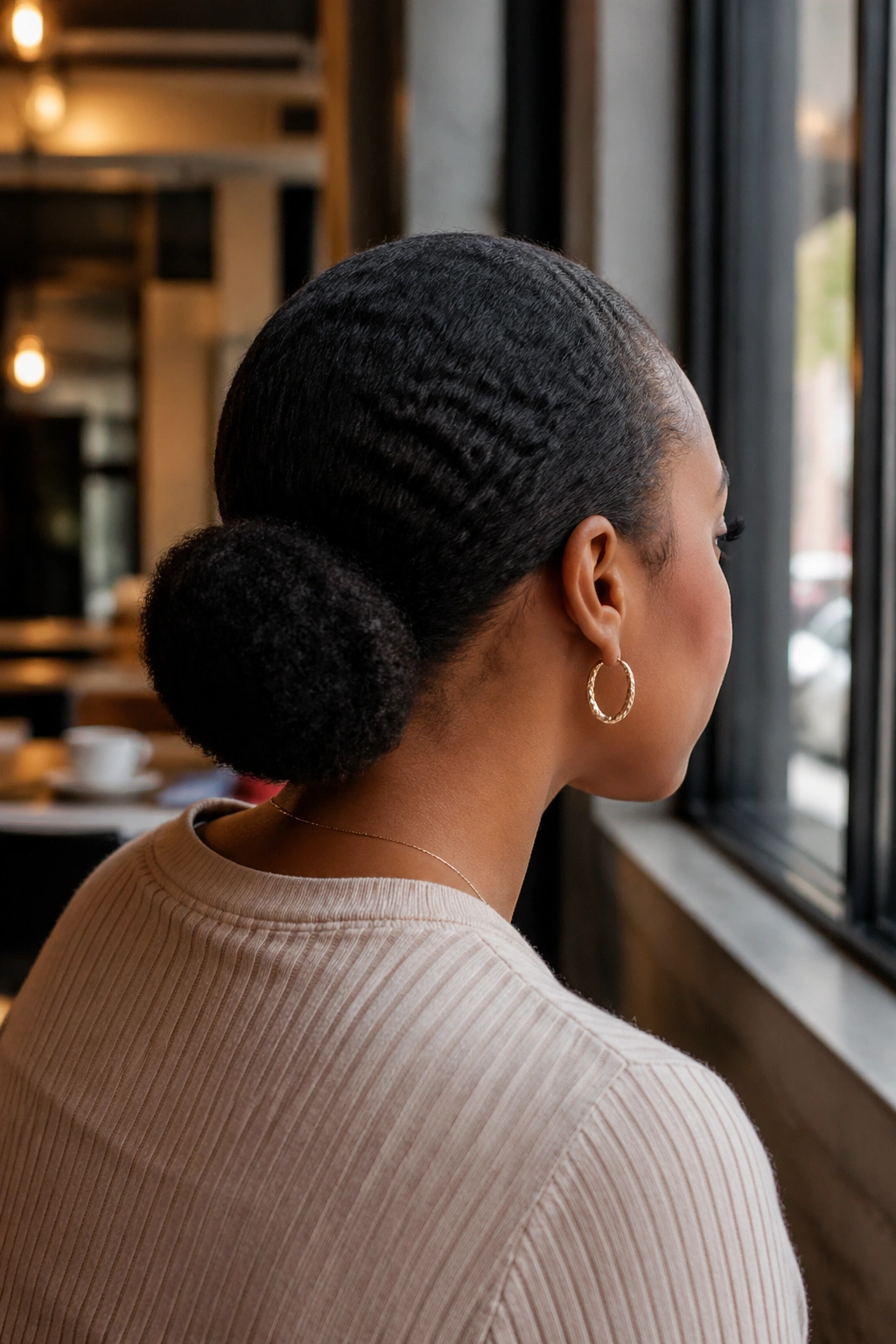 Back-of-head portrait of a real person with a low nape Afro puff