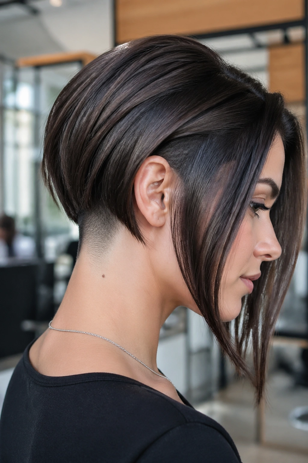 Side-profile of a real woman with a nape undercut and a long face-framing panel.