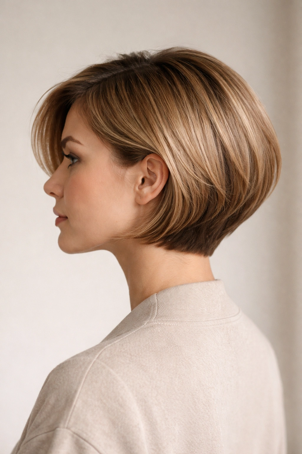 Profile view of a bob with a nape underlayer and soft top layers in a studio portrait