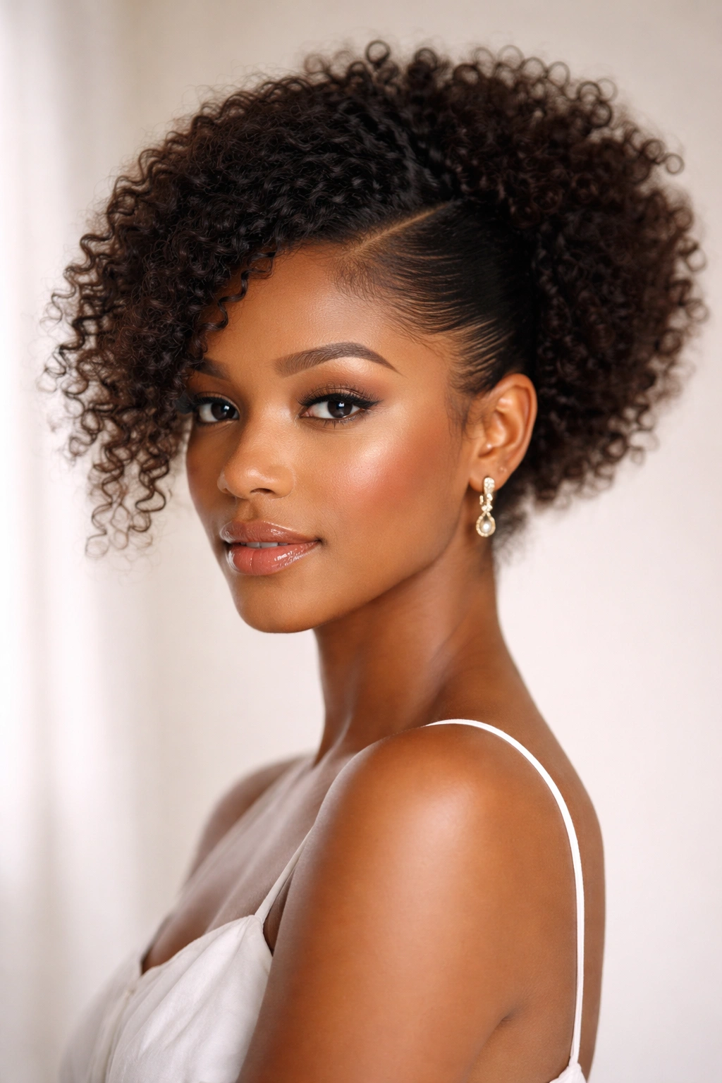 Close-up of a side-swept curly puff on natural curls with diagonal sweep above the ear