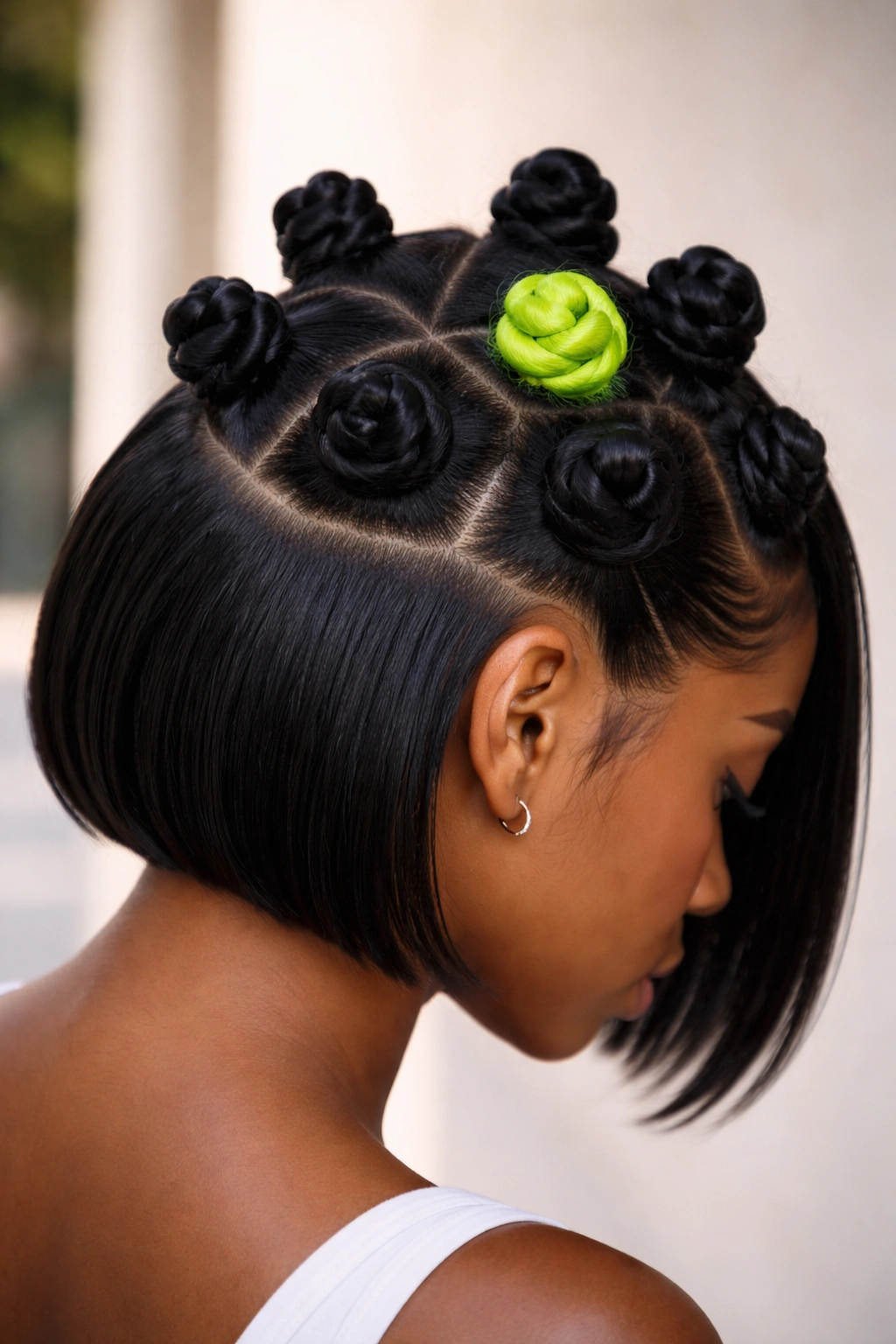 Neon green accent knots hidden in the crown of a bob