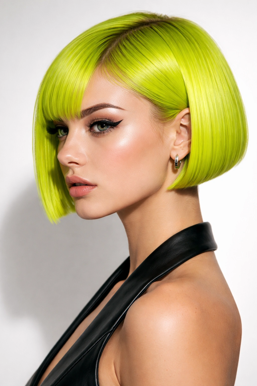 Neon lime micro bob above the jawline with crisp straight styling