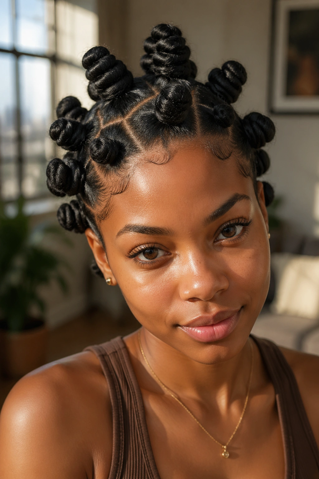 Close-up portrait of a real woman with an offset-part loose Bantu knot hairstyle