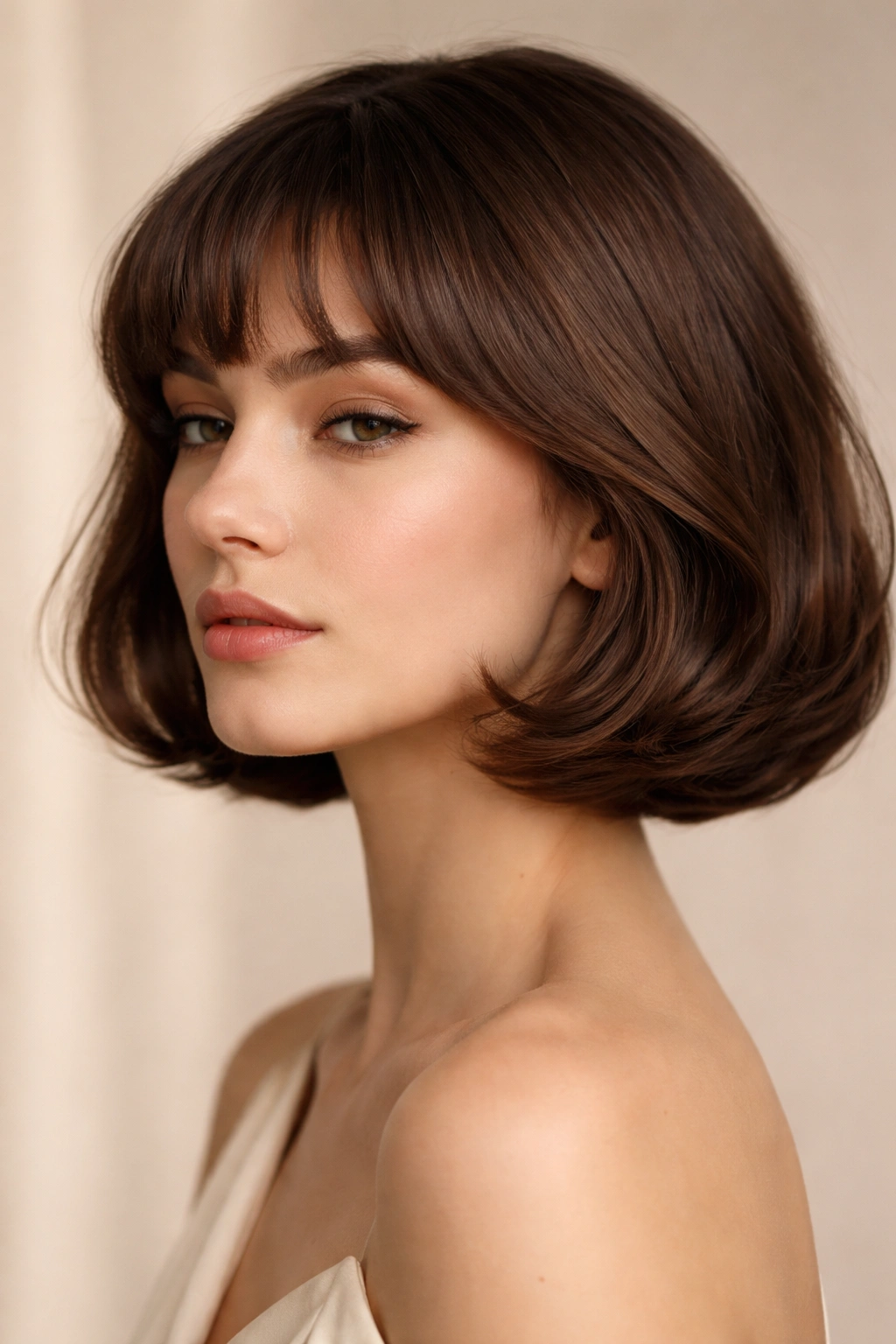Close-up of a chin-length bob with soft arched bangs framing the eyes.