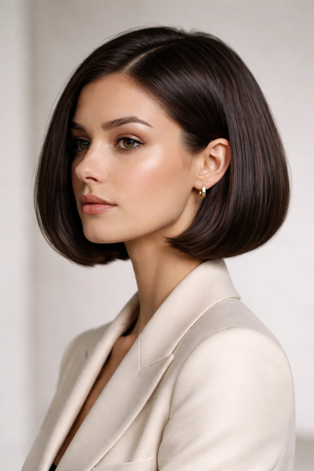 Close-up of a glossy old money bob with crisp perimeter and shine