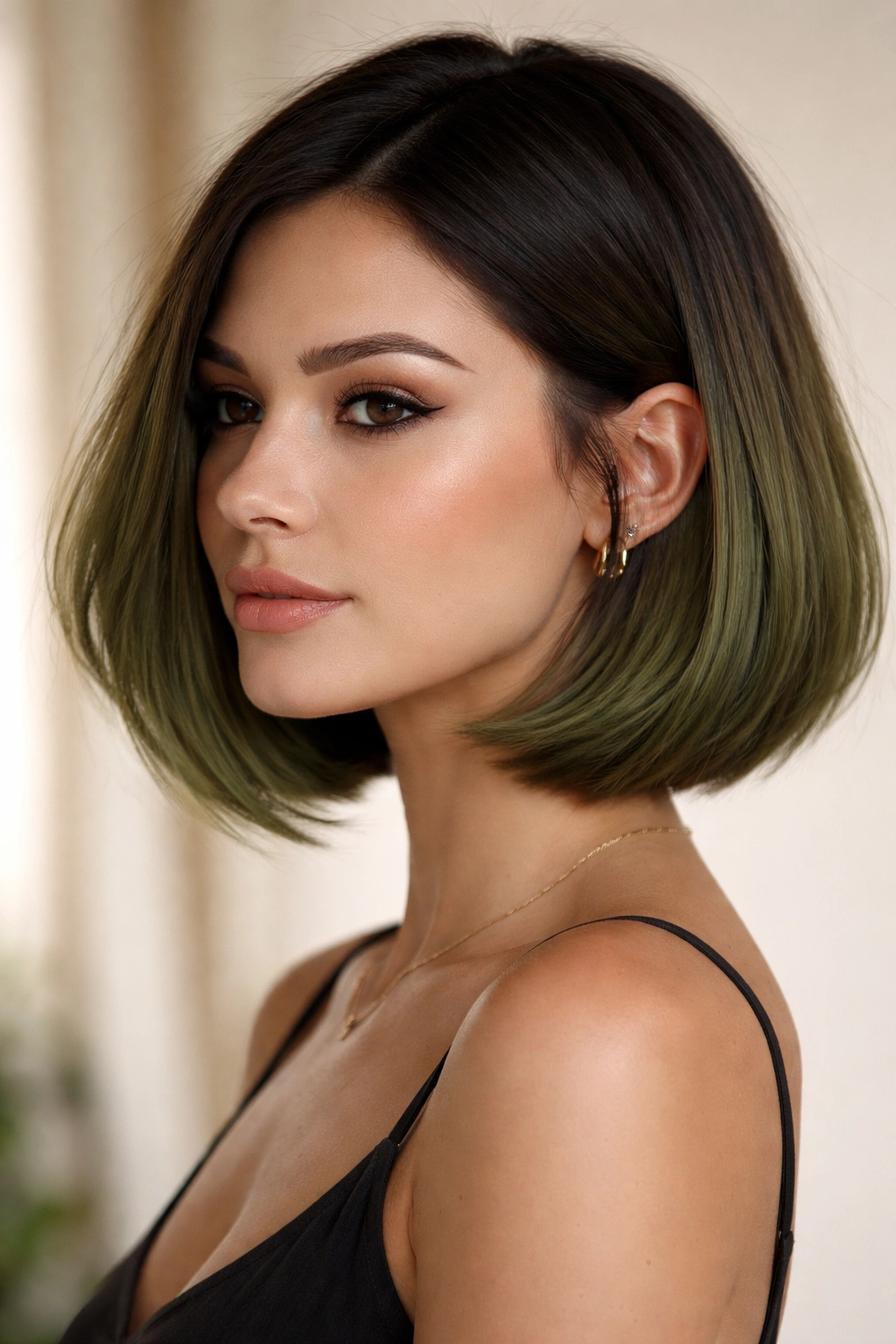 Olive green bob with darker shadow root and lighter mids ends