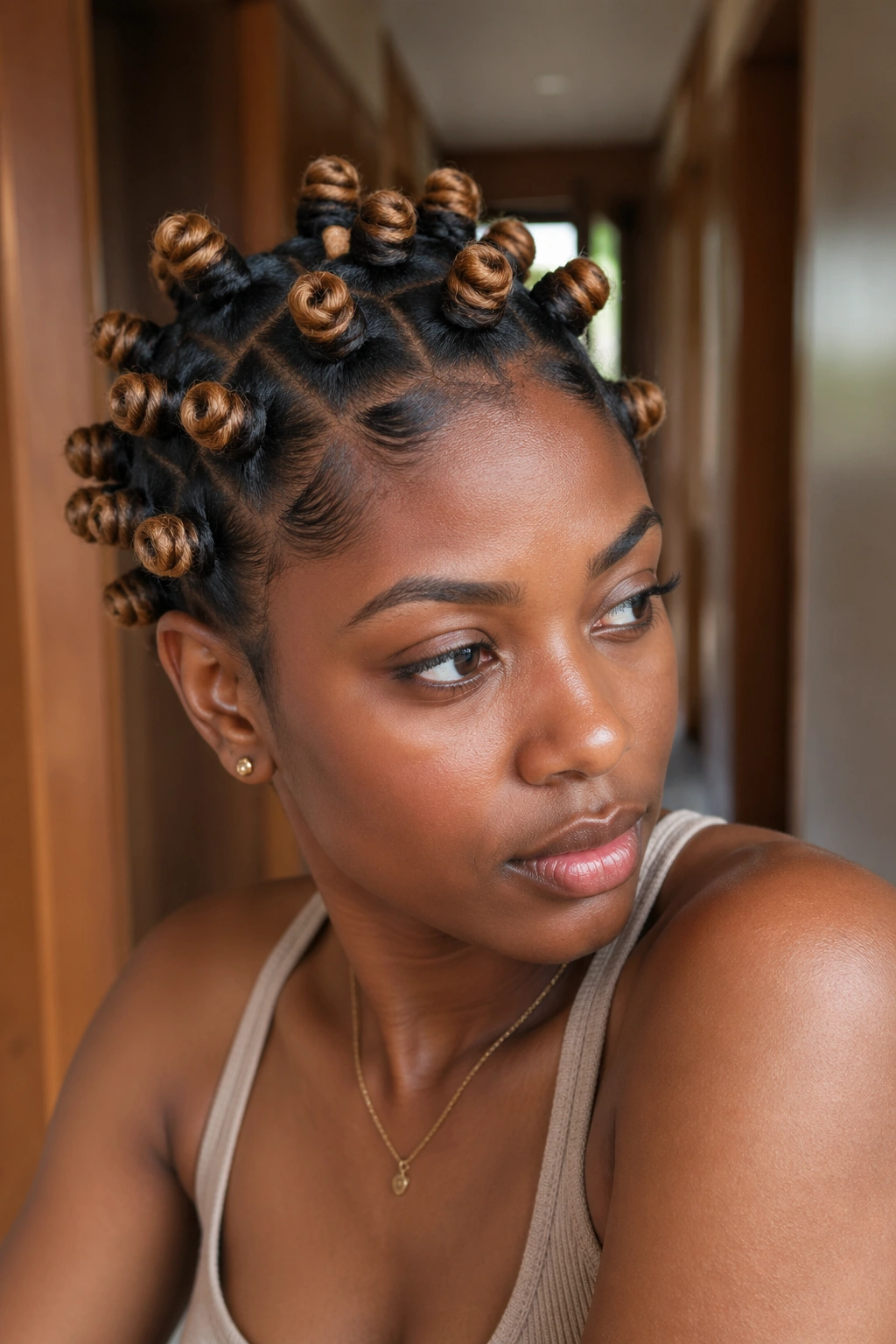 Real person with ombre two-tone Bantu knots showing color gradient on tiny coils