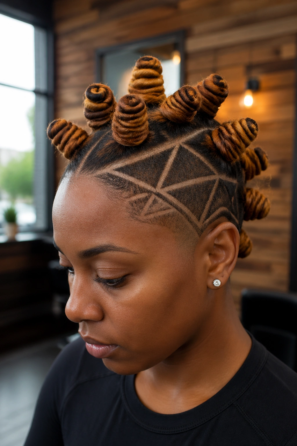 Close-up portrait of a real person with ombre Bantu knots over a geometric undercut