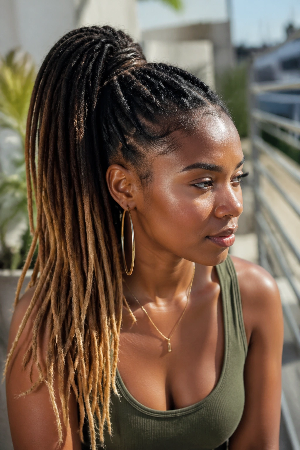 Close-up of a real person with two-tone ombré loc extensions