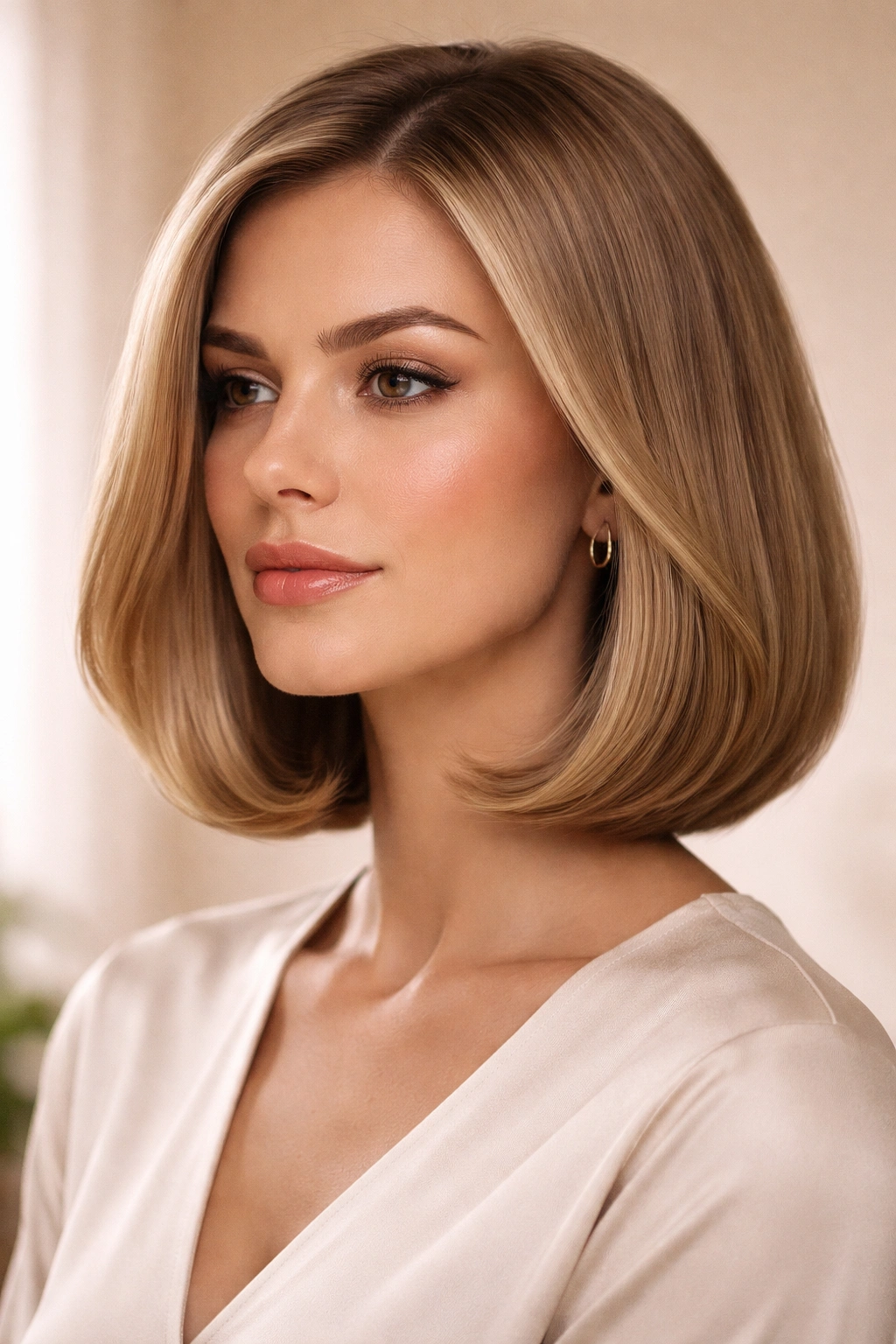 Close-up of a one-length bob with luxe round-brush blowout, thick roots and tucked-under edge, glossy finish