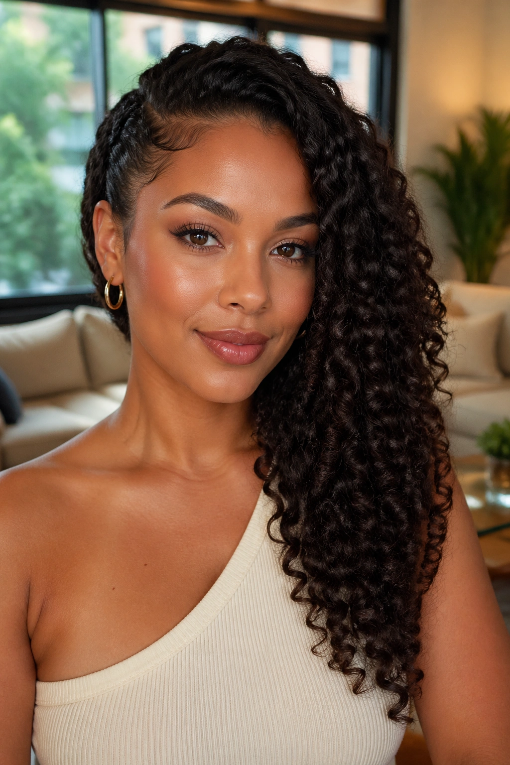 Real woman with curls swept over one shoulder