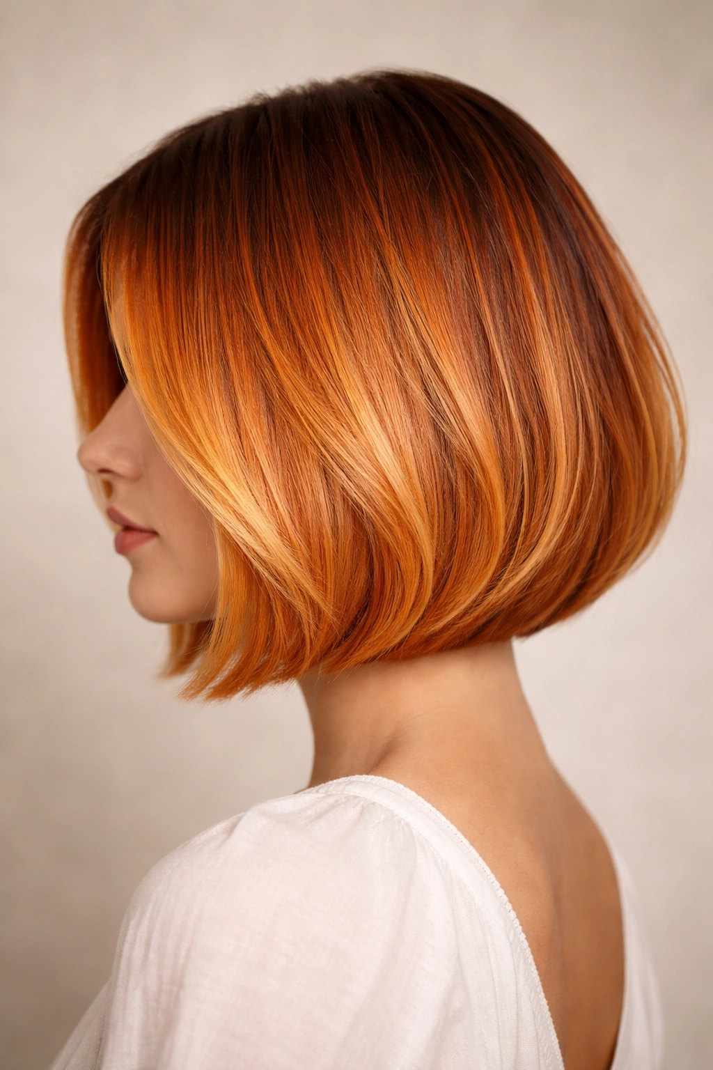 Orange balayage bob showing root depth and gradient from dark roots to light ends