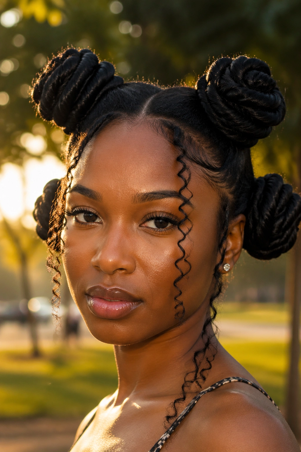Close-up of four oversized Bantu knots with face-framing tendrils on a real person
