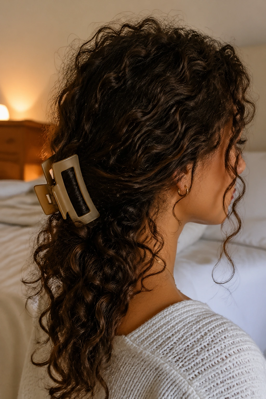 Close-up of real woman with an oversized claw clip twist hairstyle