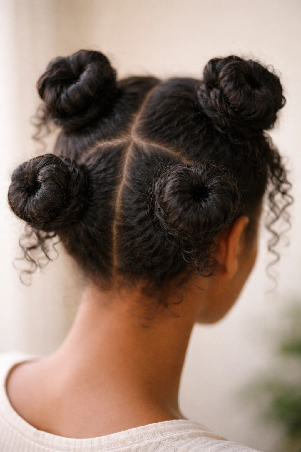 Close-up of four oversized Bantu knots showing full coil