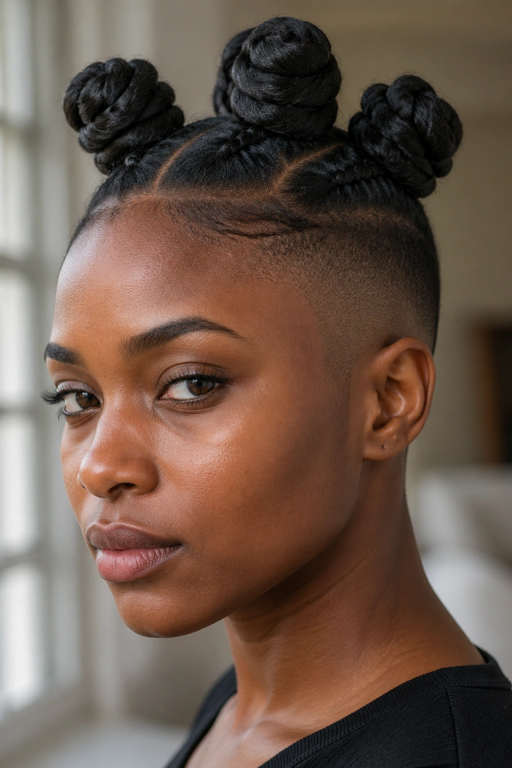 Portrait of a real person with four large top knots and a soft shadow fade