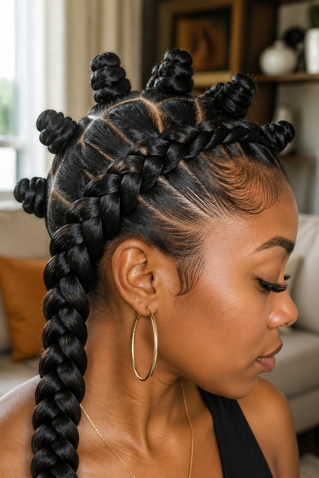 Portrait of a real person with an oversized side braid and chunky knots.