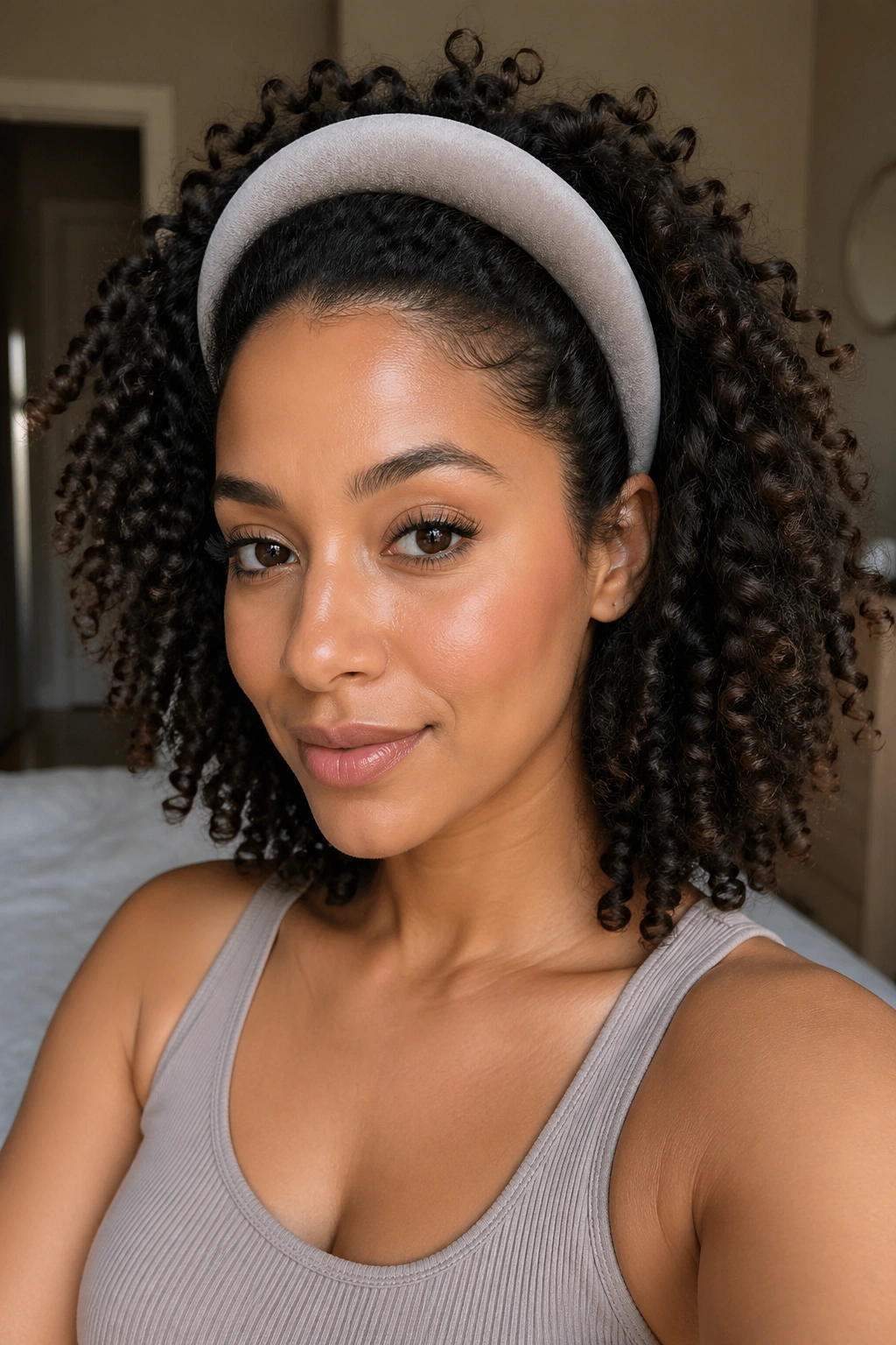 Close-up of a woman wearing a padded headband with lift at the crown and defined curly hair