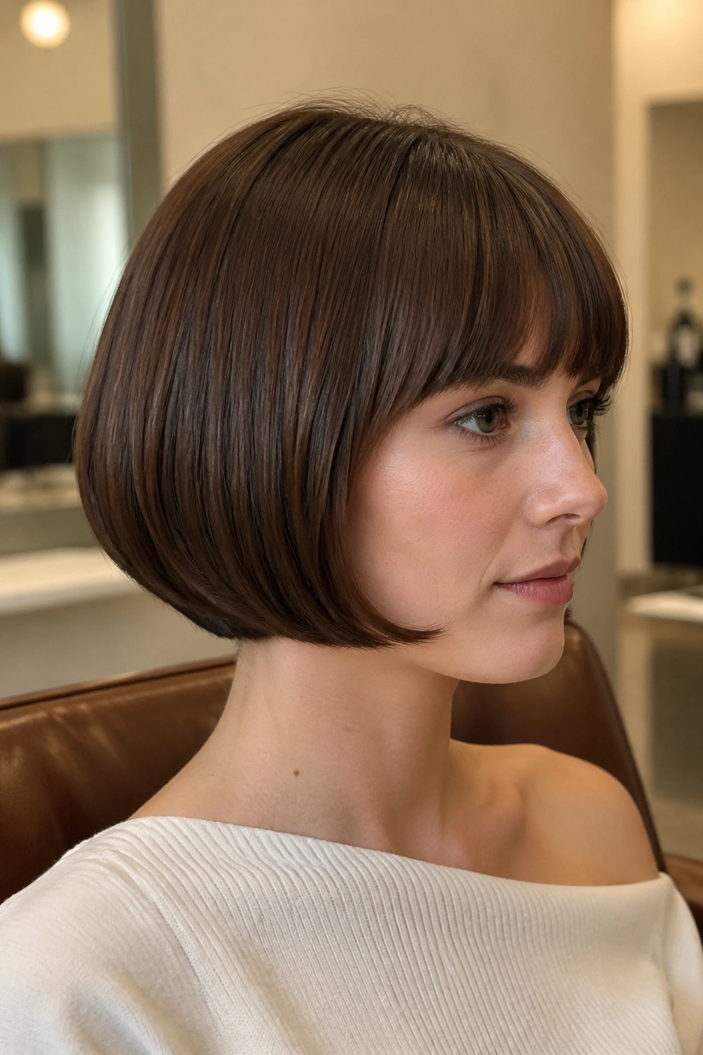 Close-up portrait of a woman with a pageboy bob and curved underline.