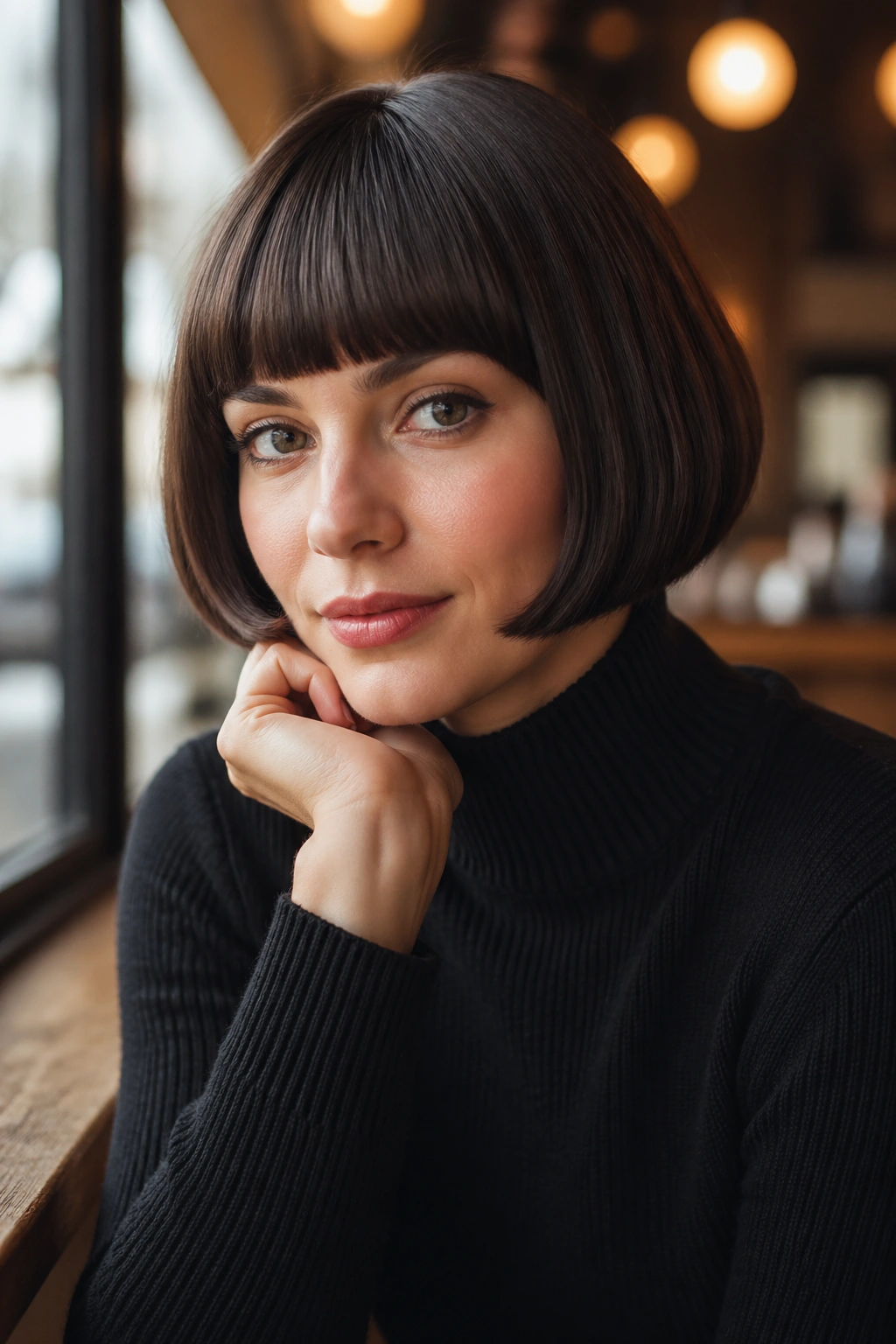 Portrait of a real woman with a classic pageboy bowl cut: blunt fringe and curved ends