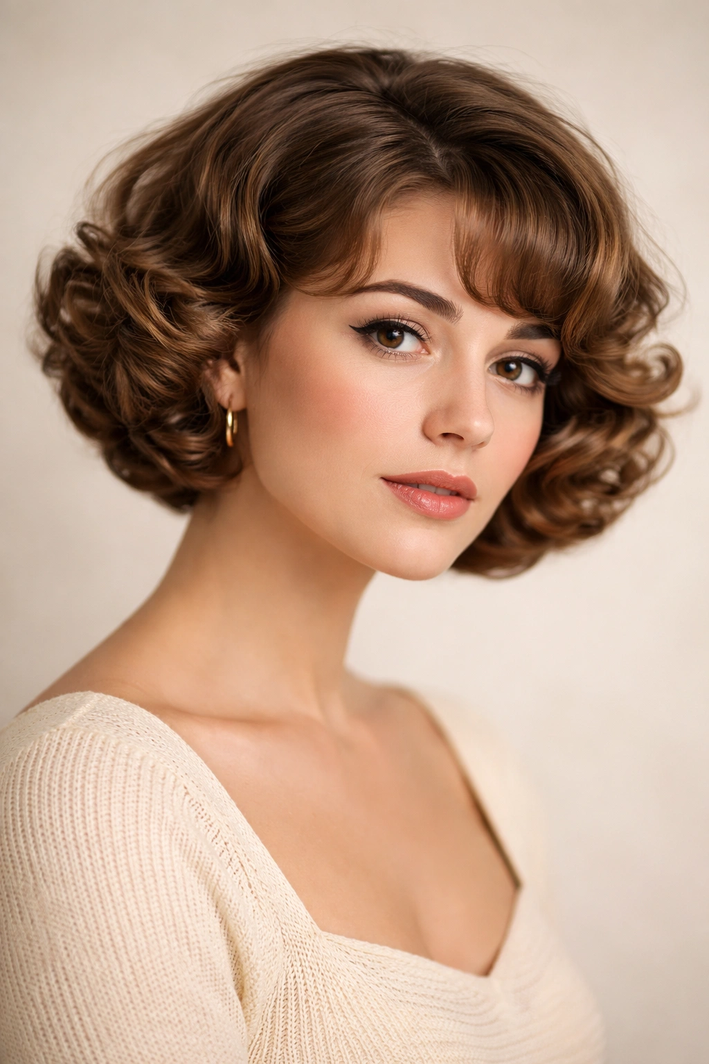 Close-up of short curly pageboy flip with ends tucked under on a model.