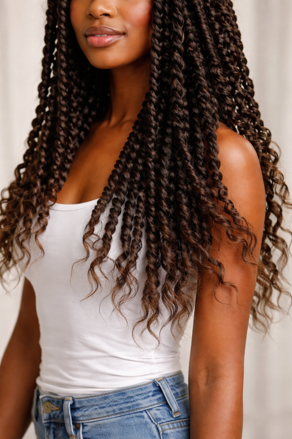 Passion twists with feathered ends showing movement