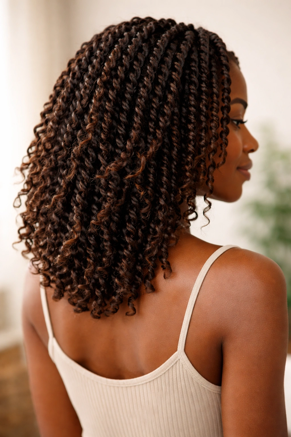 Passion twists on layered medium hair with soft drape and movement