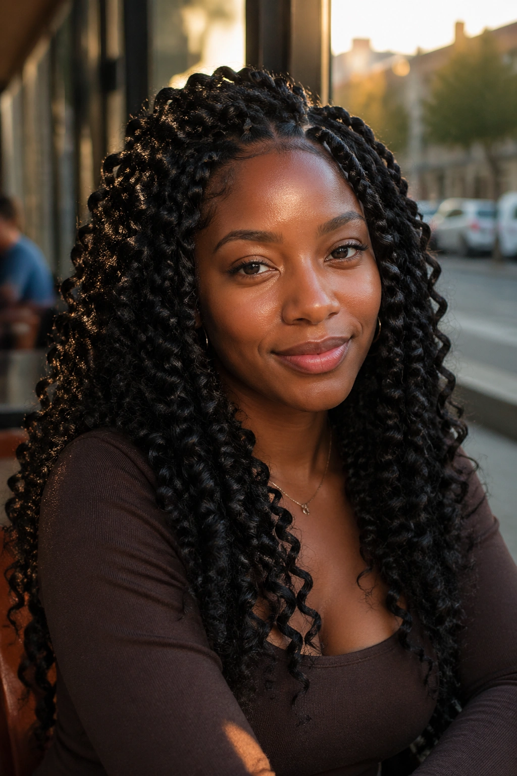 Close-up portrait of a real woman with passion twists in golden hour outdoor setting