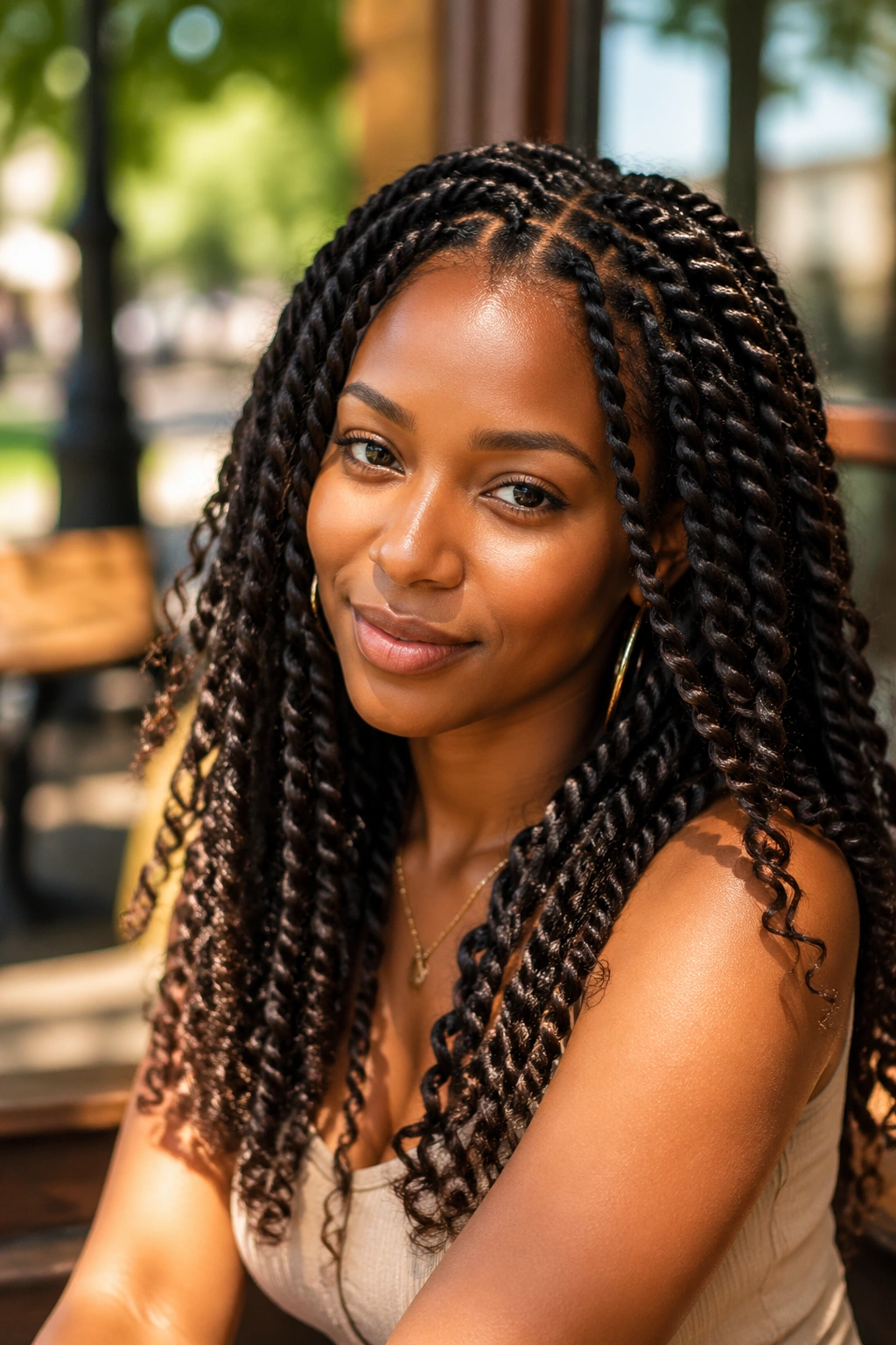 Portrait of real woman wearing passion twists with soft finish