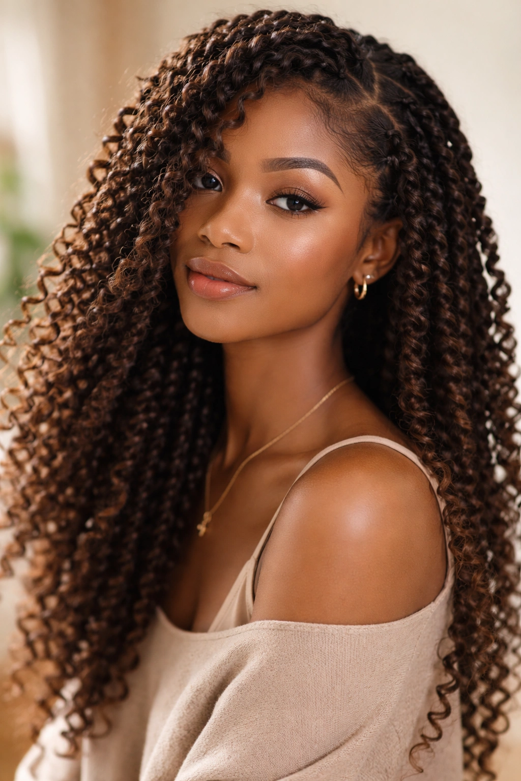 Close-up of Passion Twists with soft movement and curly texture