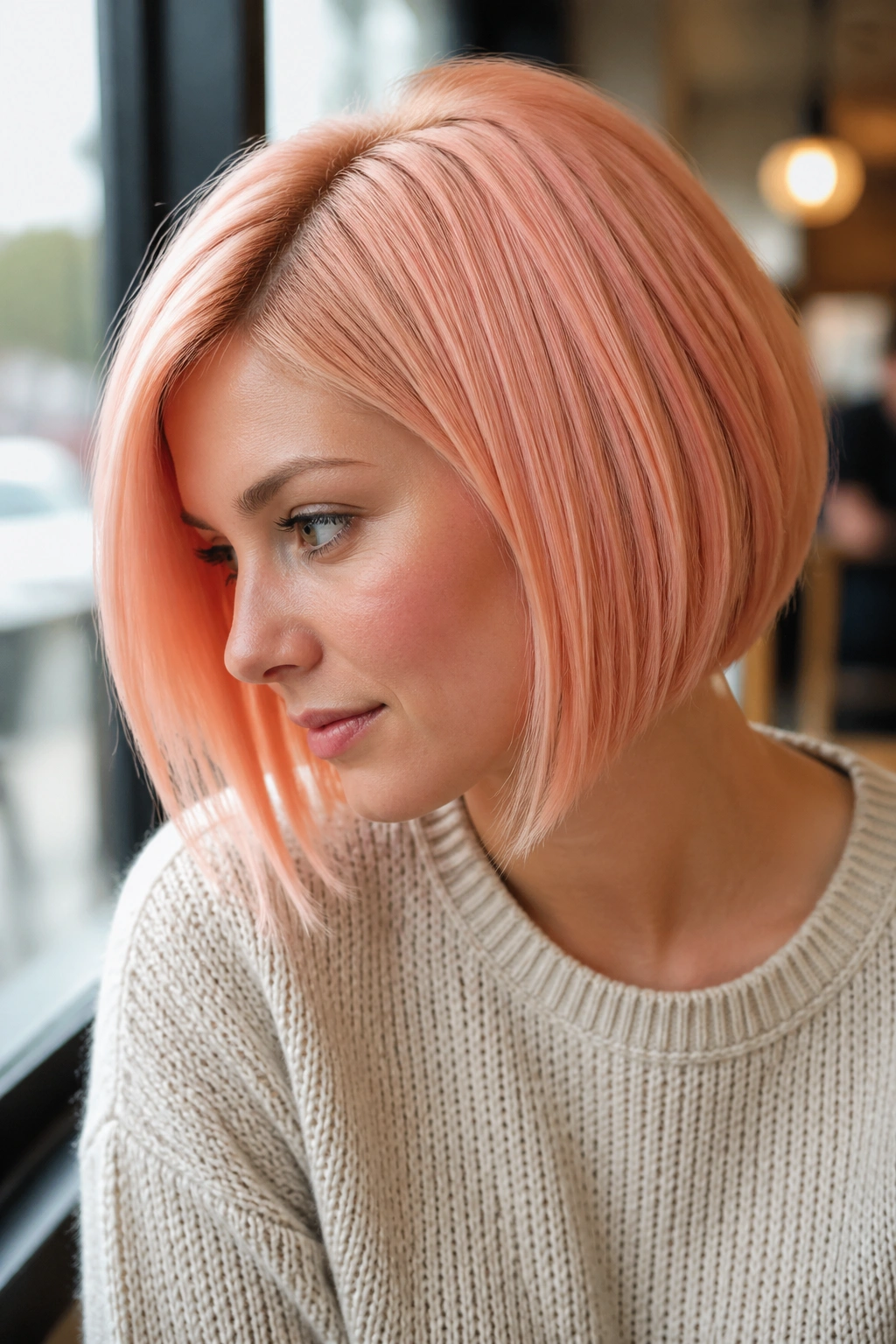 Close-up portrait of a real woman with a peachy pink angled bob by a cafe window