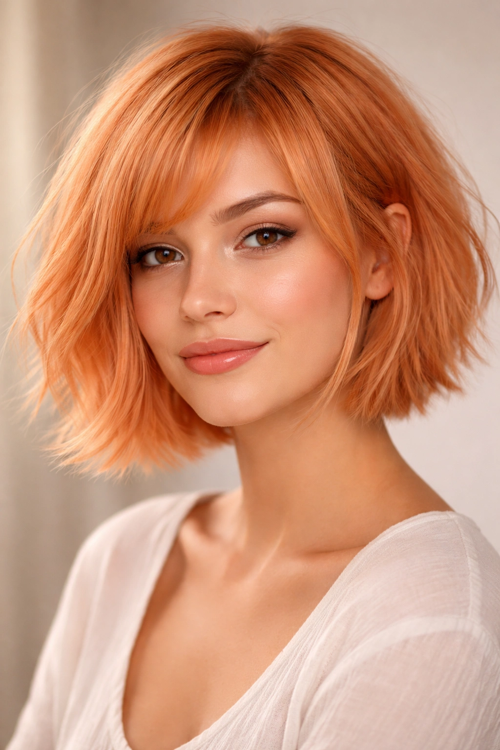 Peachy orange textured bob with choppy ends and lift