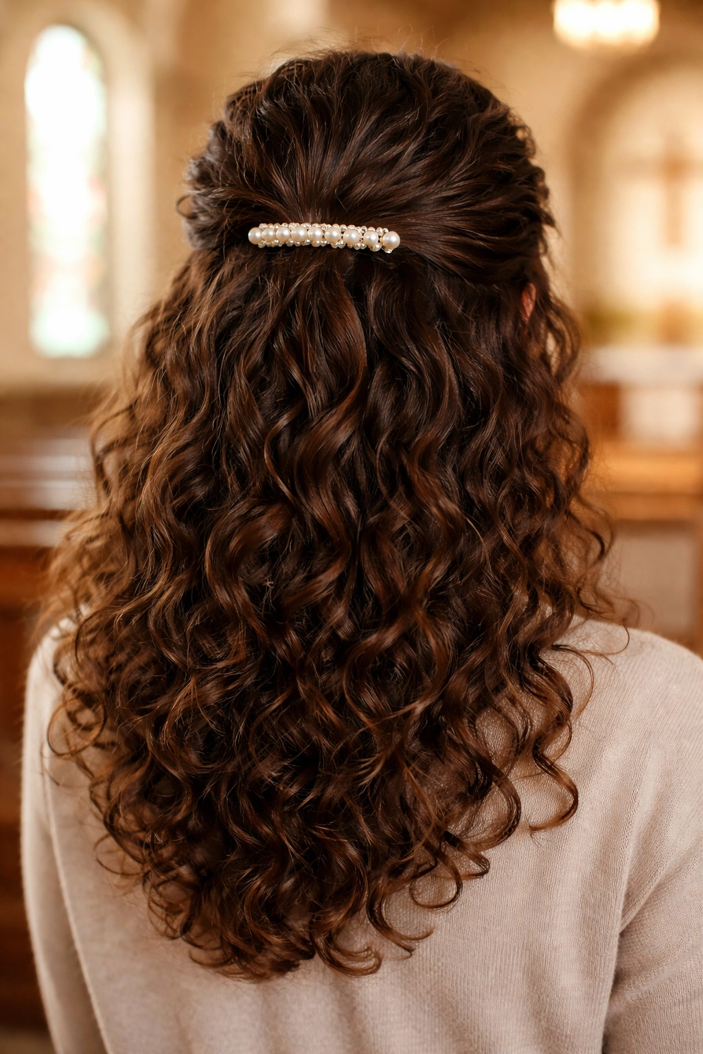 Close-up of curly hair in a pearl-barrette half-up style, curls framing shoulders