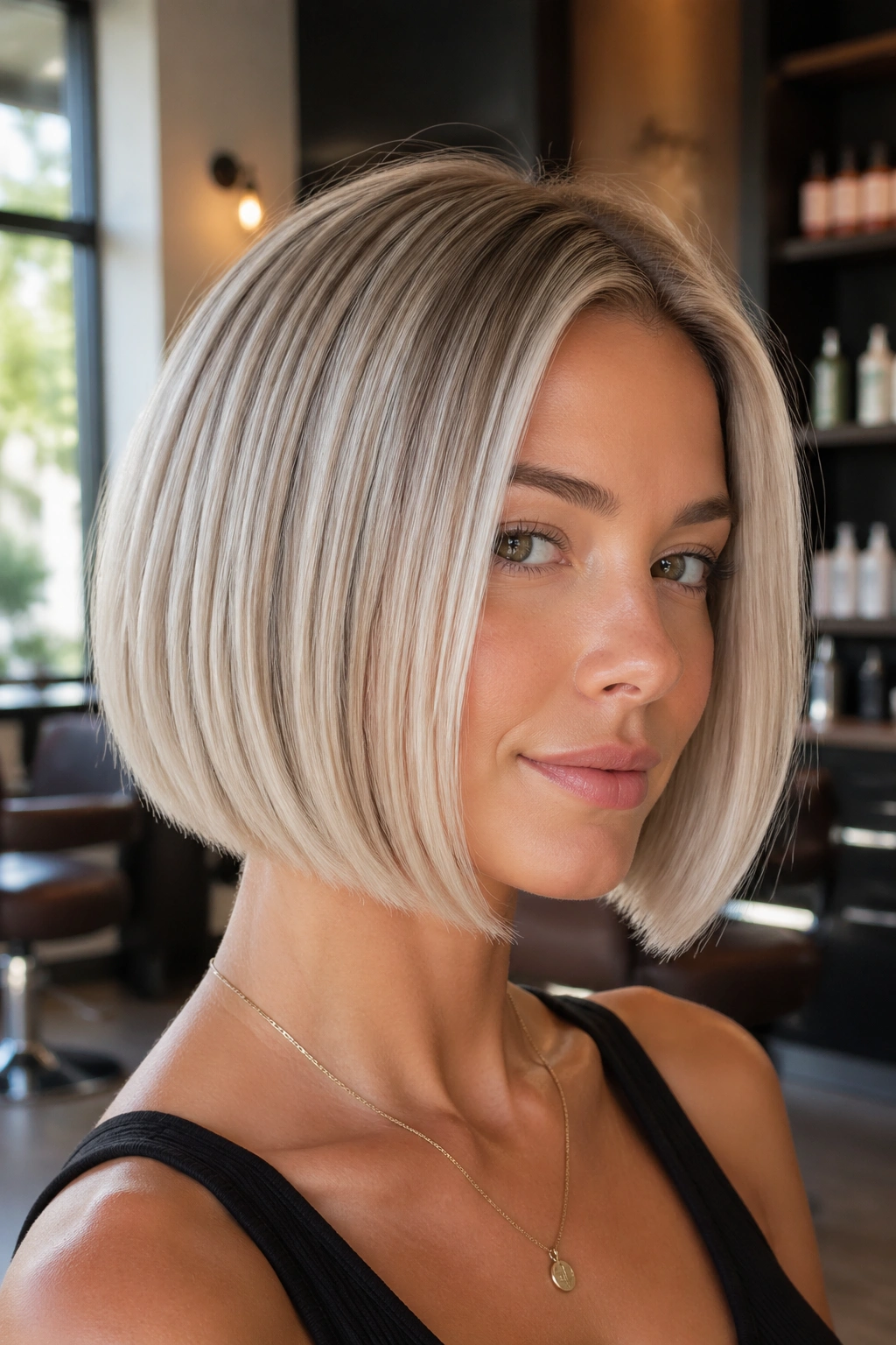 Close-up portrait of a real woman with pearl blonde balayage bob, jaw-length and glossy