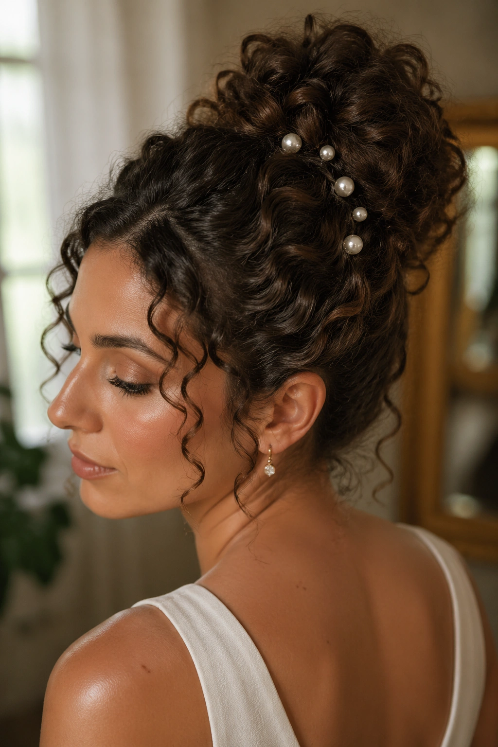 Close-up of a real woman with a curly bun secured by pearl pins in an elegant setting