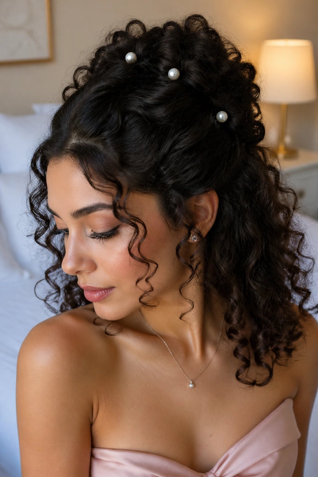 Close-up portrait of a real woman wearing pearl-pinned half-up hairstyle with soft curls