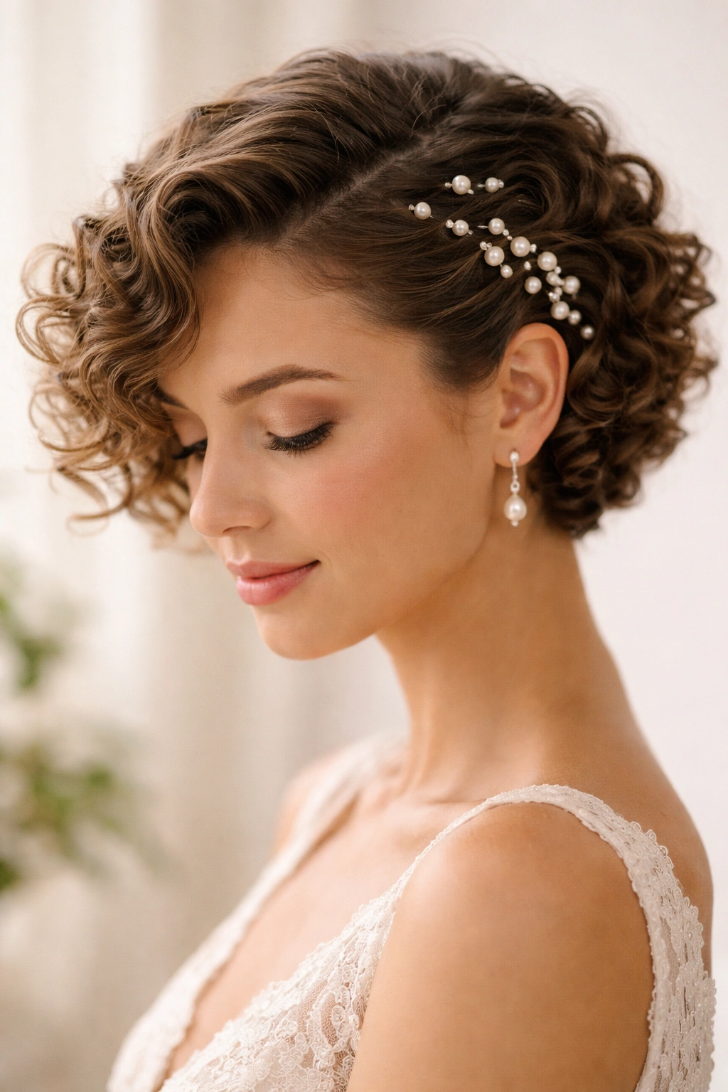 Close-up of short curly side-swept hairstyle with pearl pins