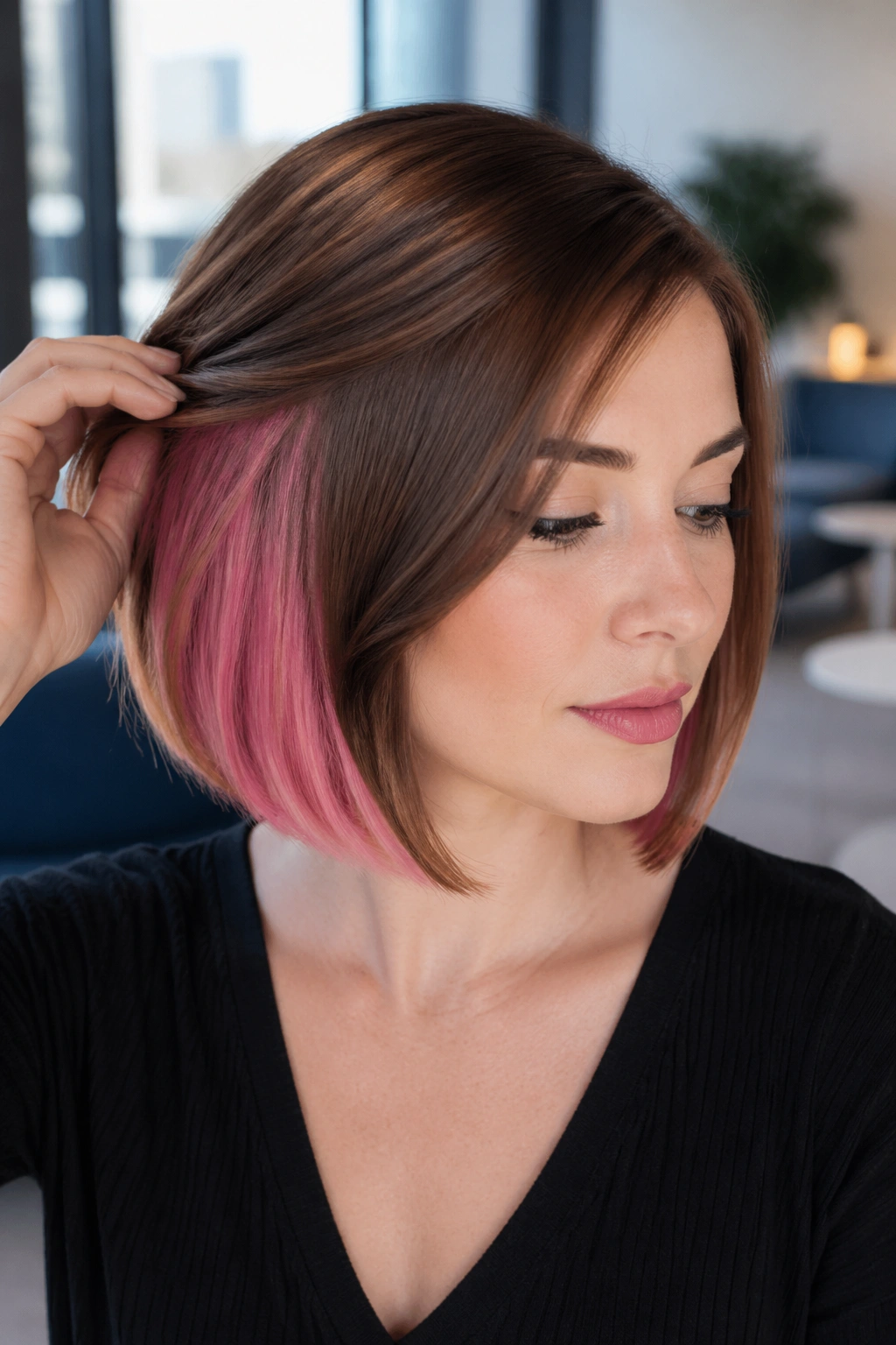 Close-up of a real person with peekaboo pink panels in the bob