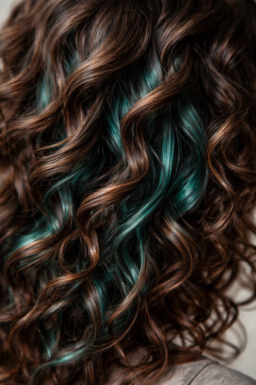 Close-up of curly hair with teal underlayers peeking through, highlighting color placement and curl texture